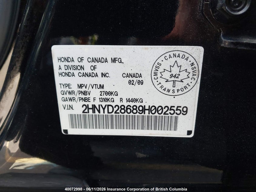2009 Acura Mdx Technology VIN: 2HNYD28689H002559 Lot: 40072998