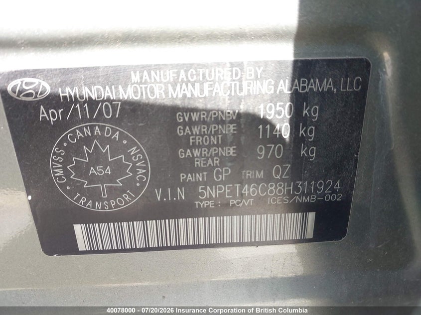 2008 Hyundai Sonata Gls VIN: 5NPET46C88H311924 Lot: 40078000