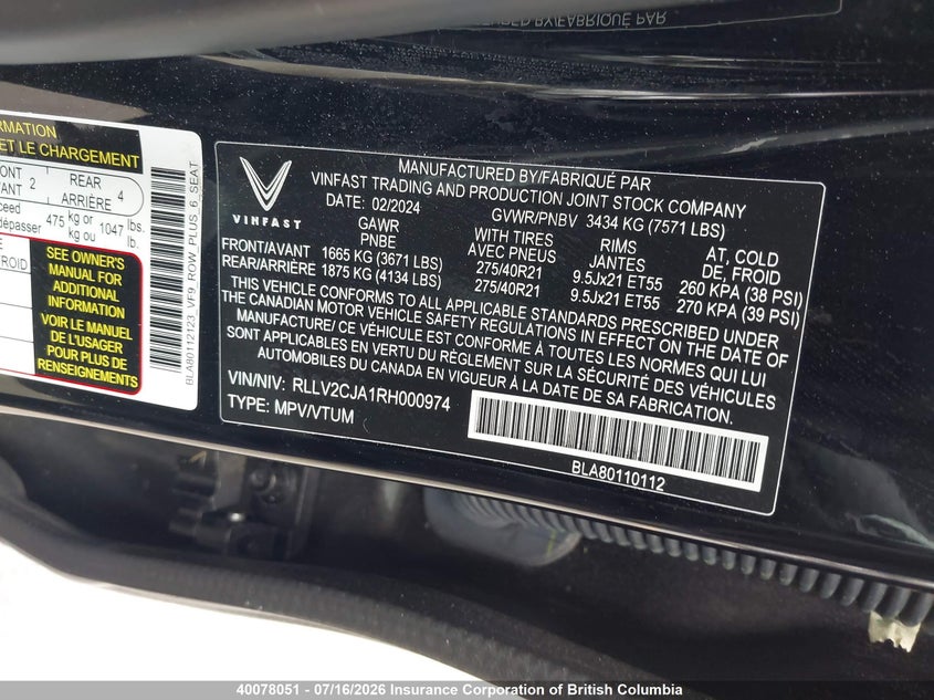 2024 OTHER VINFAST TRADING AND VF 9 PLUS SPORT UTILITY VEHICLE N