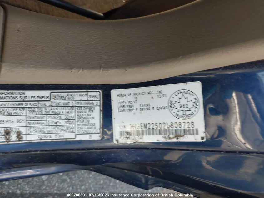 2002 HONDA CIVIC SEDAN 1.7L I4 FI SOHC 16V F