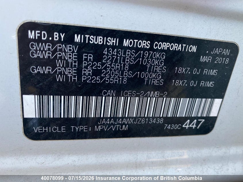 2018 Mitsubishi Rvr VIN: JA4AJ4AWXJZ613438 Lot: 40078099