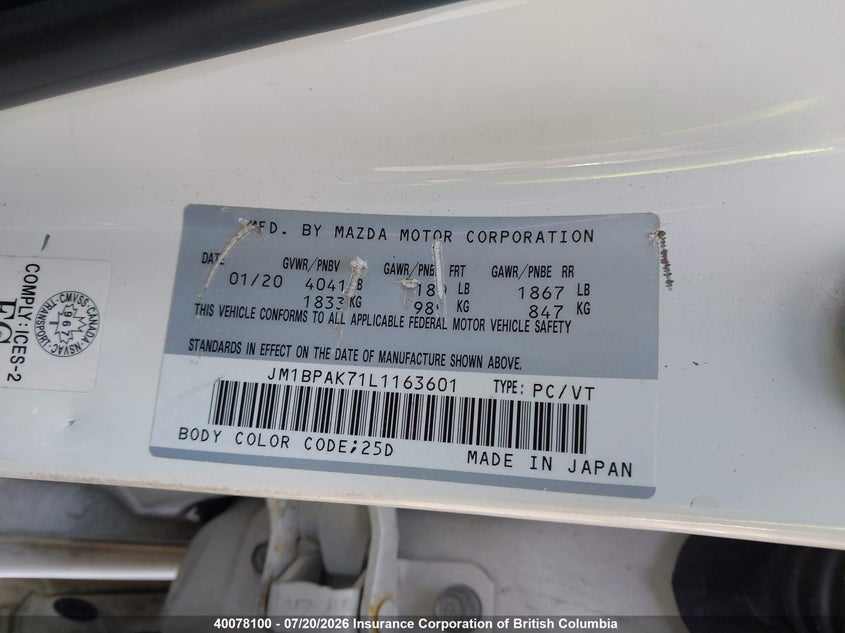 2020 Mazda Mazda3 Gx VIN: JM1BPAK71L1163601 Lot: 40078100