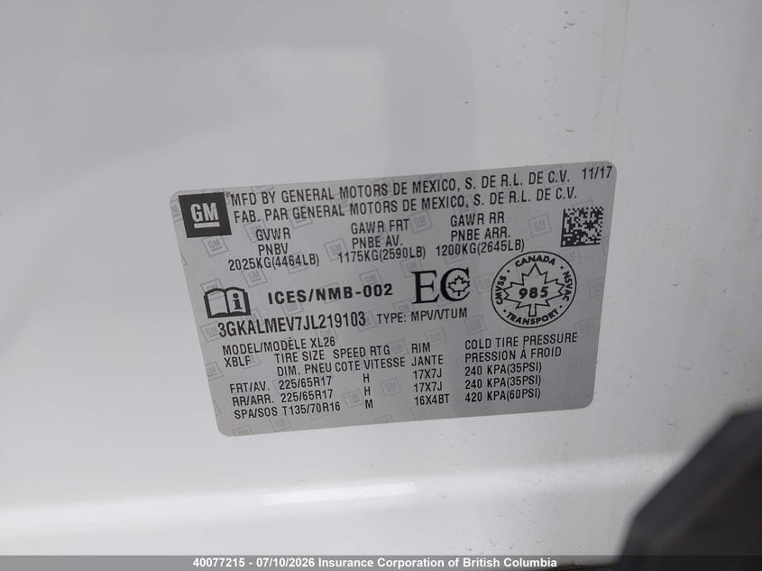 2018 GMC Terrain Sle VIN: 3GKALMEV7JL219103 Lot: 40077215