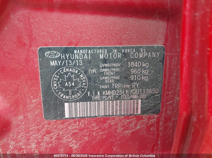 2013 Hyundai Elantra Gt VIN: KMHD25LE7DU113650 Lot: 40075374