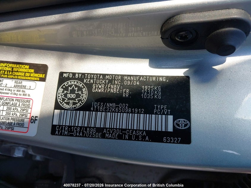 2005 Toyota Camry VIN: 4T1BE32K65U981912 Lot: 40078237