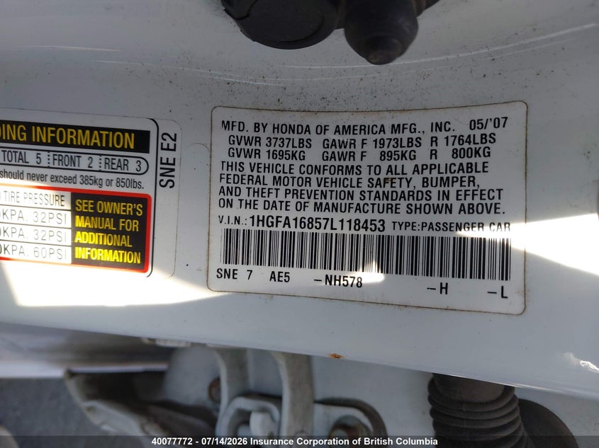 2007 Honda Civic Ex VIN: 1HGFA16857L118453 Lot: 40077772