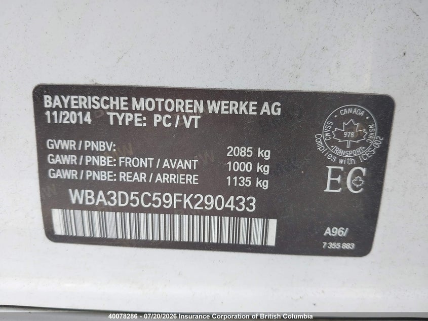 2015 BMW 328 D xDrive VIN: WBA3D5C59FK290433 Lot: 40078286
