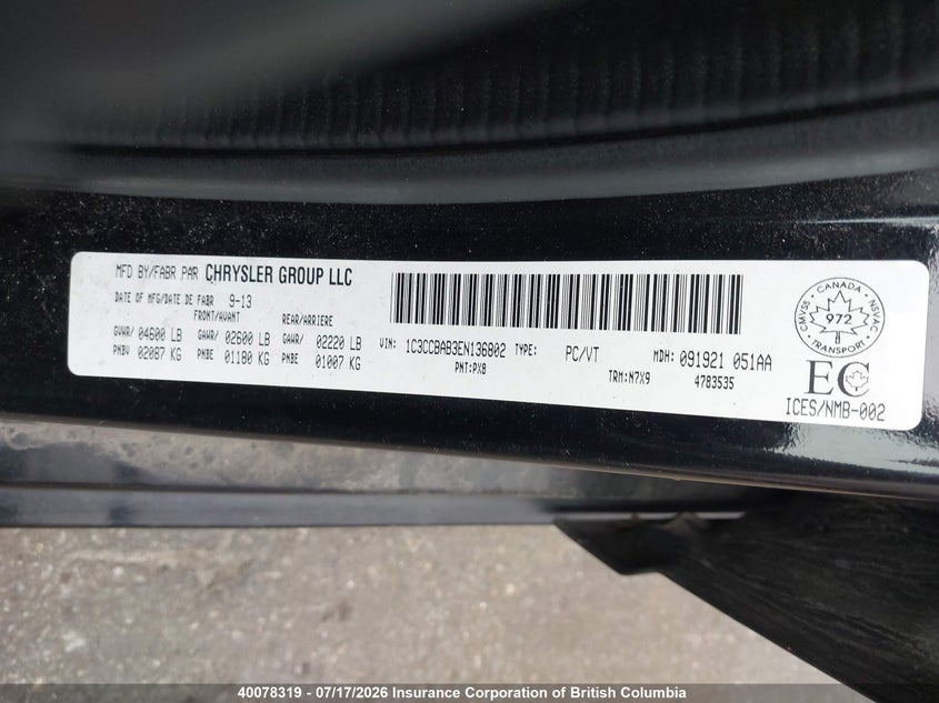 2014 Chrysler 200 VIN: 1C3CCBAB3EN136802 Lot: 40078319