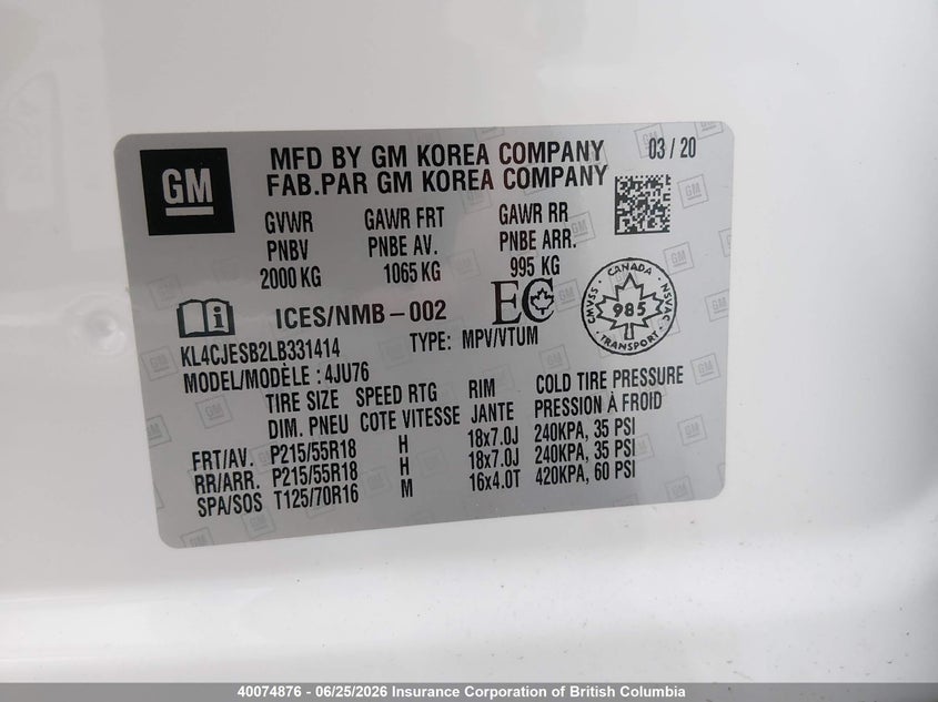 2020 Buick Encore Preferred VIN: KL4CJESB2LB331414 Lot: 40074876