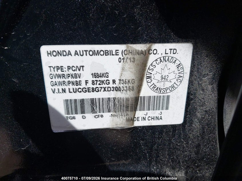 2013 Honda Fit Sport VIN: LUCGE8G7XD3003358 Lot: 40075710