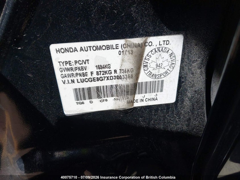 2013 Honda Fit Sport VIN: LUCGE8G7XD3003358 Lot: 40075710