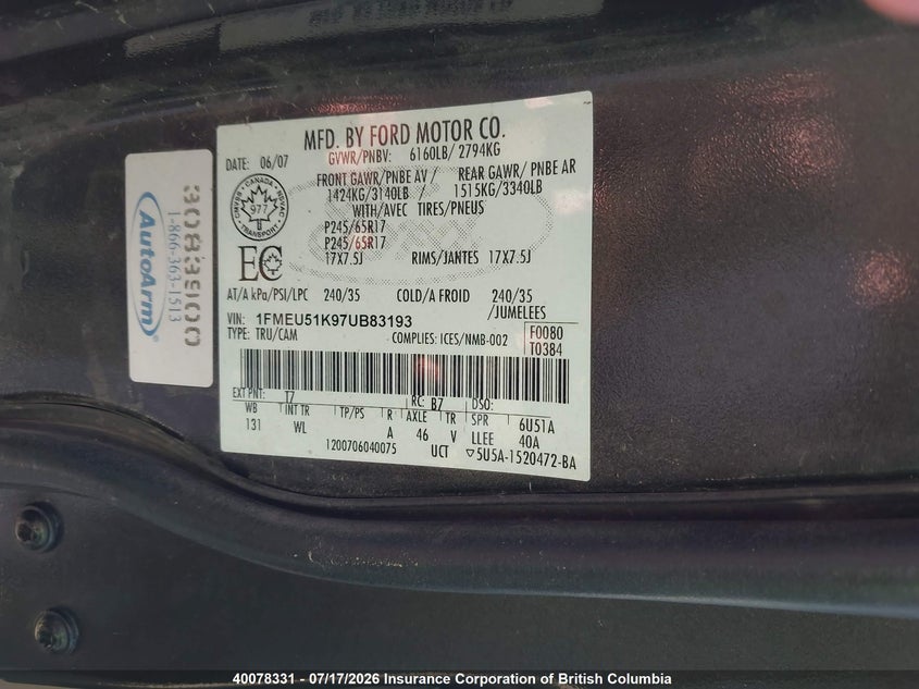 2007 Ford Explorer Sport Trac Xlt VIN: 1FMEU51K97UB83193 Lot: 40078331