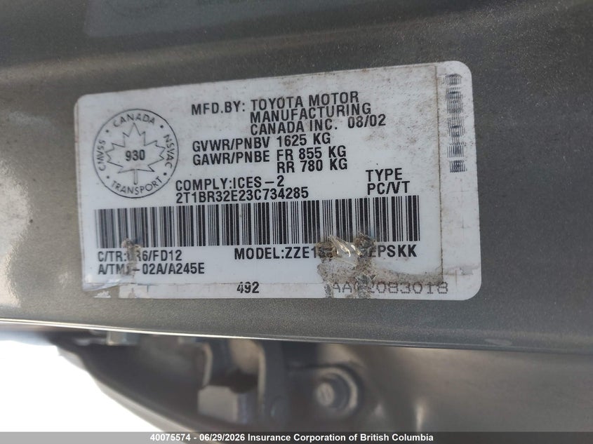 2003 Toyota Corolla Ce/Le/S VIN: 2T1BR32E23C734285 Lot: 40075574