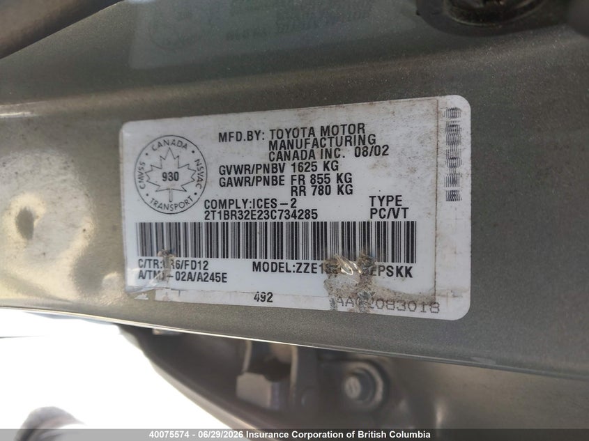 2003 Toyota Corolla Ce/Le/S VIN: 2T1BR32E23C734285 Lot: 40075574