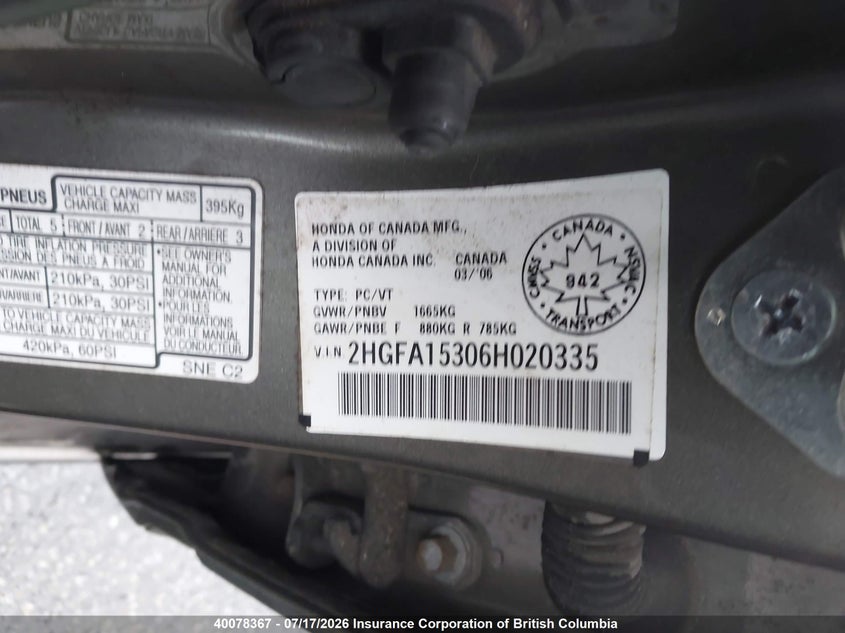 2006 Honda Civic VIN: 2HGFA15306H020335 Lot: 40078367