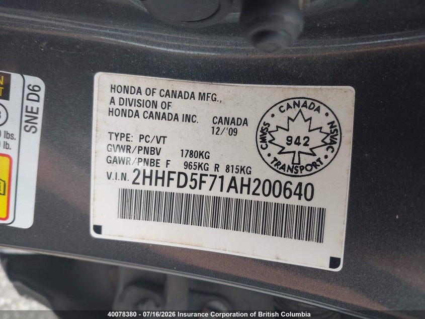 2010 Acura Csx VIN: 2HHFD5F71AH200640 Lot: 40078380