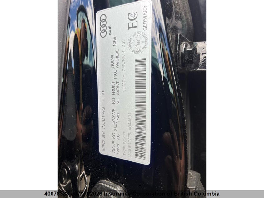 2020 Audi S3 VIN: WAUF1GFF5LA044891 Lot: 40078388