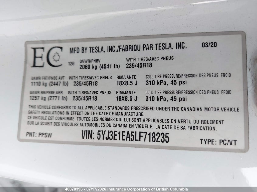 2020 Tesla Model 3 VIN: 5YJ3E1EA5LF718235 Lot: 40078396
