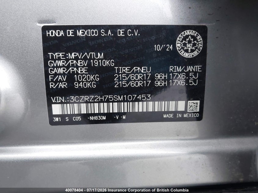 2025 Honda Hr-V VIN: 3CZRZ2H75SM107453 Lot: 40078404