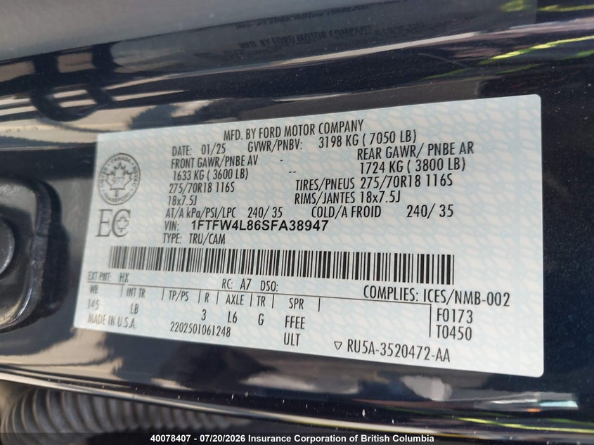 2025 Ford F150 VIN: 1FTFW4L86SFA38947 Lot: 40078407