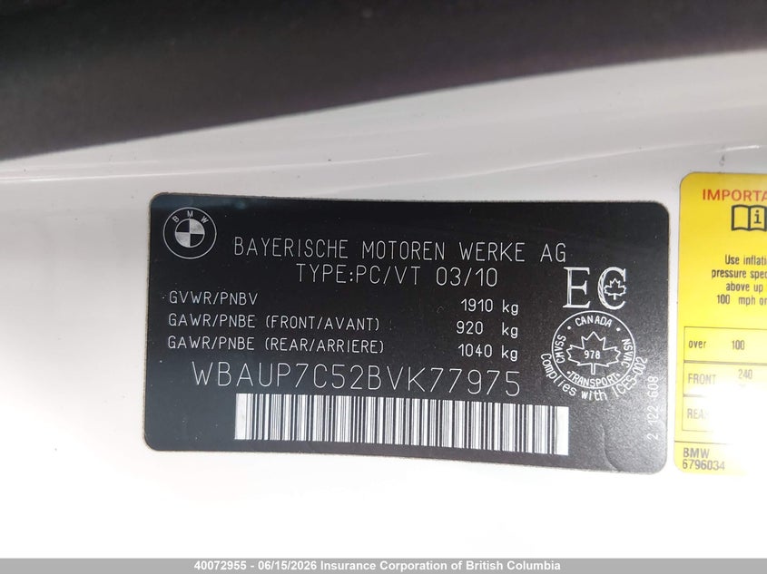 2011 BMW 128 I VIN: WBAUP7C52BVK77975 Lot: 40072955
