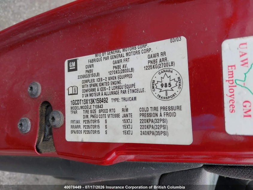 2003 CHEVROLET N/A PICKUP 4.3L V6 FI OHV 12V F2