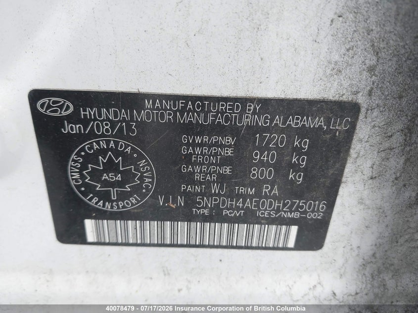 2013 Hyundai Elantra Gls/Limited VIN: 5NPDH4AE0DH275016 Lot: 40078479