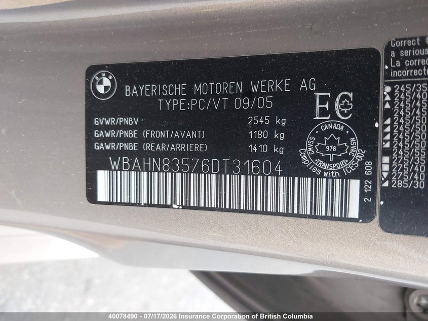 2006 BMW 750Li VIN: WBAHN83576DT31604 Lot: 40078490