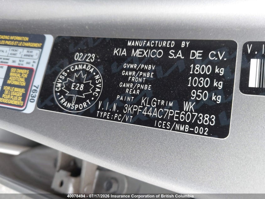 2023 Kia Forte VIN: 3KPF44AC7PE607383 Lot: 40078494