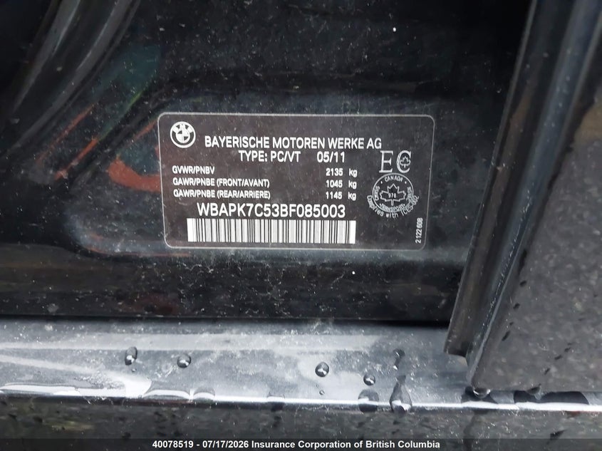 2011 BMW 328I VIN: WBAPK7C53BF085003 Lot: 40078519