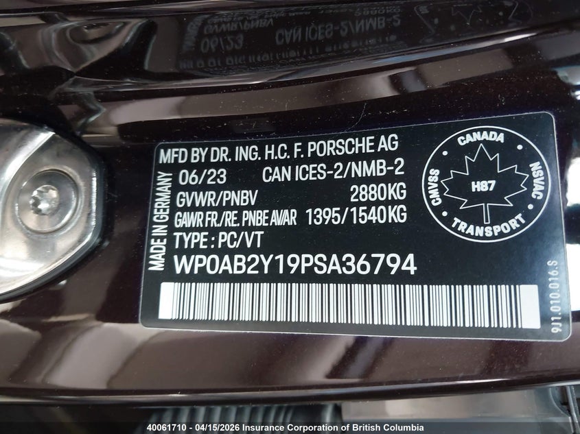 2023 Porsche Taycan 4S VIN: WP0AB2Y19PSA36794 Lot: 40061710