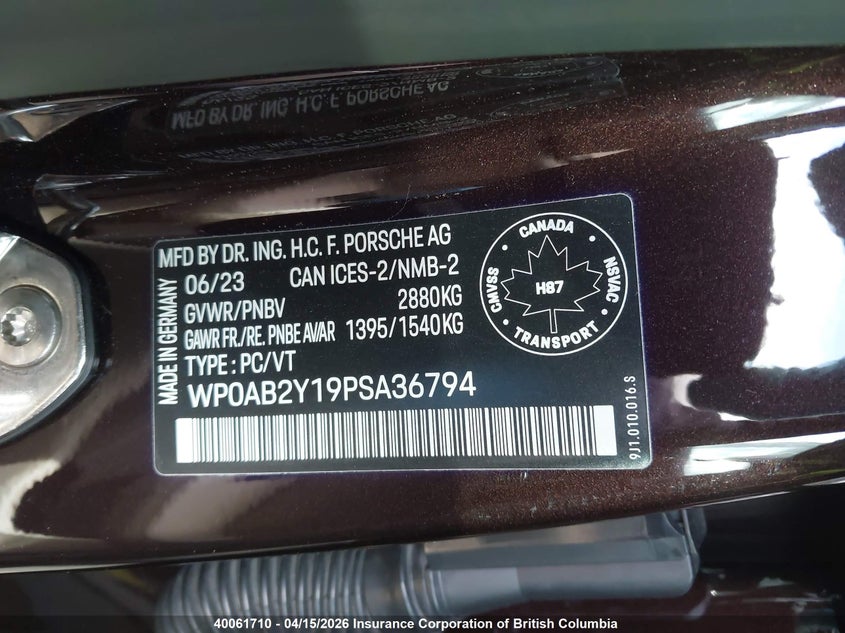 2023 Porsche Taycan 4S VIN: WP0AB2Y19PSA36794 Lot: 40061710