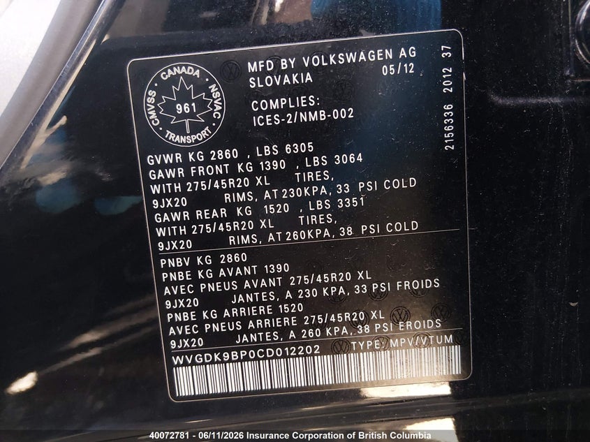 2012 Volkswagen Touareg Tdi VIN: WVGDK9BP0CD012202 Lot: 40072781