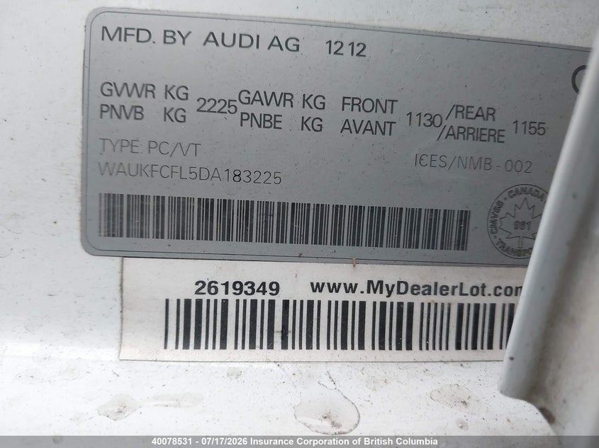 2013 Audi A4 VIN: WAUKFCFL5DA183225 Lot: 40078531
