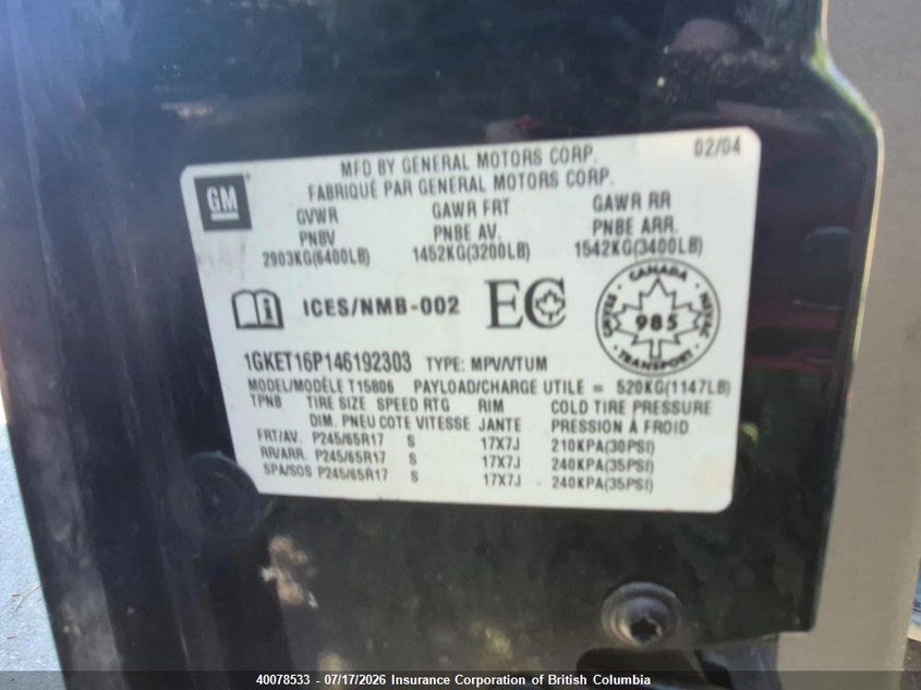 2004 GMC Envoy VIN: 1GKET16P146192303 Lot: 40078533