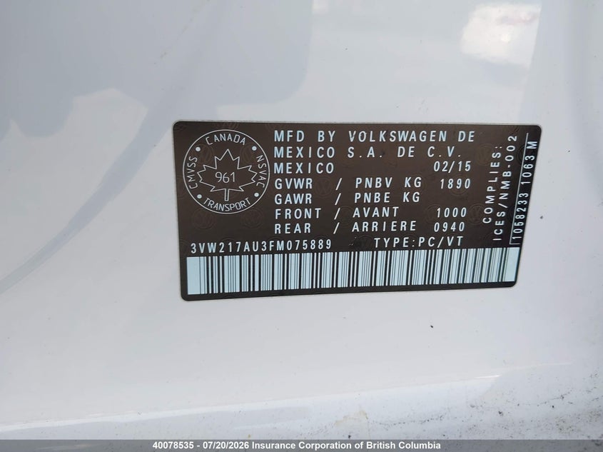 2015 Volkswagen Golf VIN: 3VW217AU3FM075889 Lot: 40078535