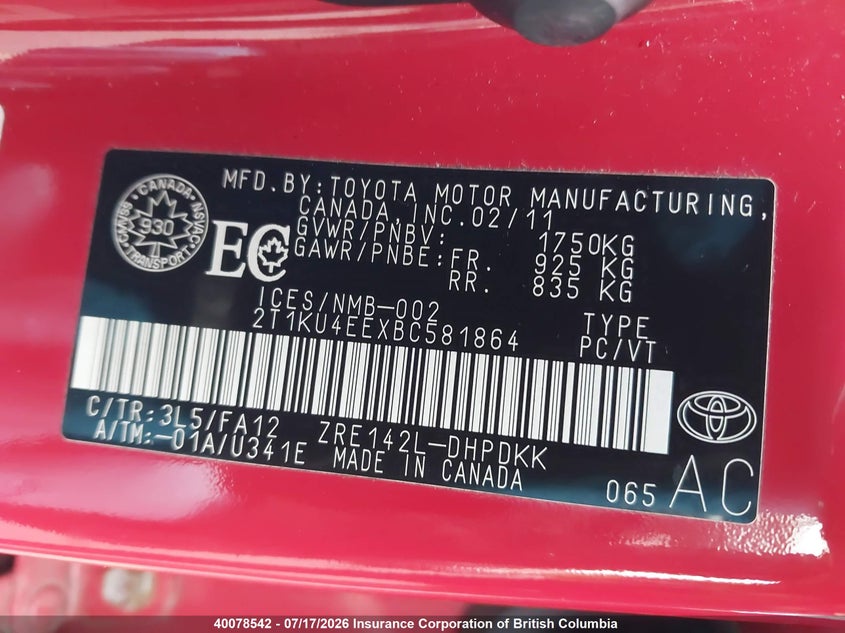 2011 Toyota Corolla Matrix VIN: 2T1KU4EEXBC581864 Lot: 40078542