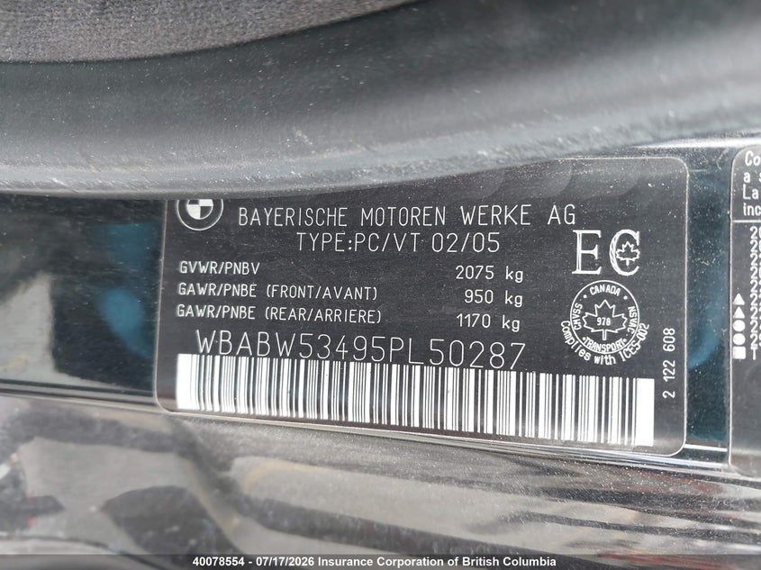 2005 BMW 330Ci VIN: WBABW53495PL50287 Lot: 40078554