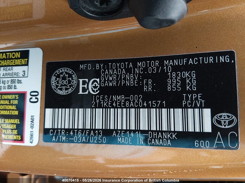 2010 Toyota Corolla Matrix S VIN: 2T1KE4EE8AC041571 Lot: 40070415