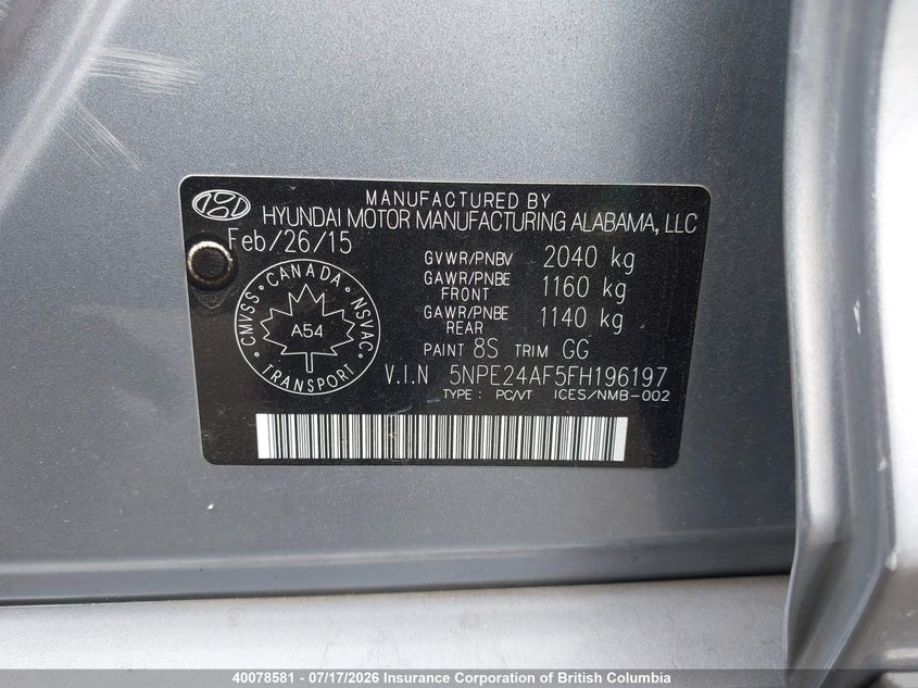 2015 Hyundai Sonata Gls VIN: 5NPE24AF5FH196197 Lot: 40078581