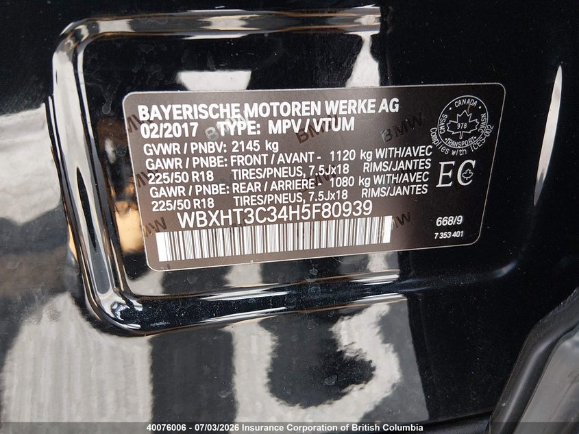 2017 BMW X1 xDrive28I VIN: WBXHT3C34H5F80939 Lot: 40076006