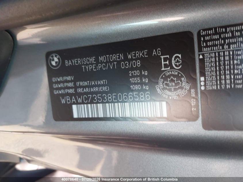 2008 BMW 335Xi VIN: WBAWC73538E066586 Lot: 40078640