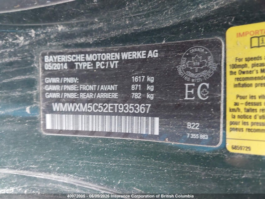 2014 Mini Cooper VIN: WMWXM5C52ET935367 Lot: 40072005