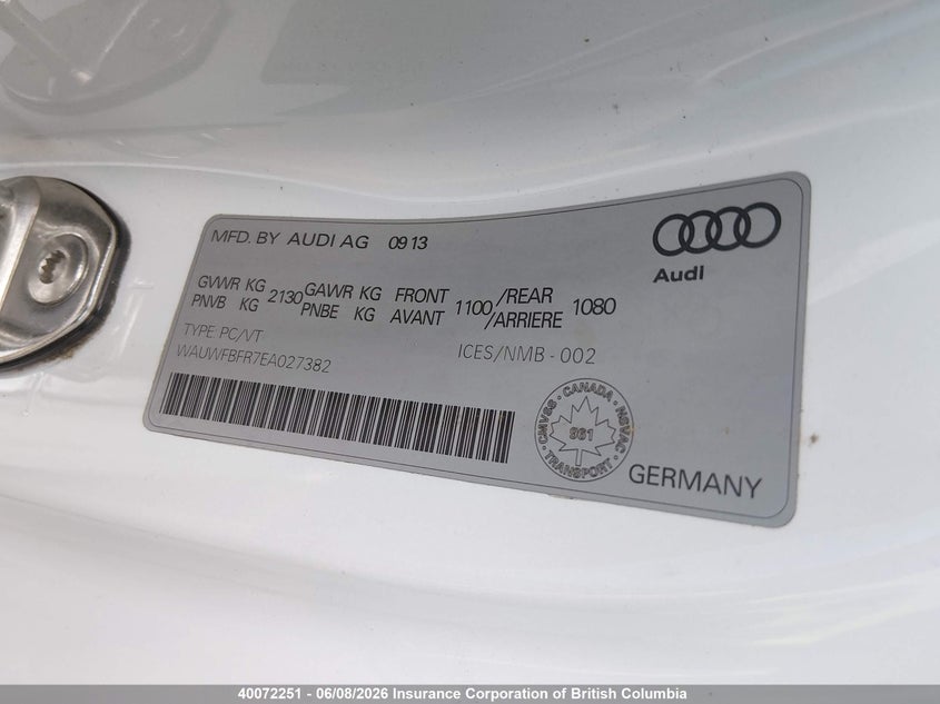 2014 Audi A5 Premium Plus VIN: WAUWFBFR7EA027382 Lot: 40072251