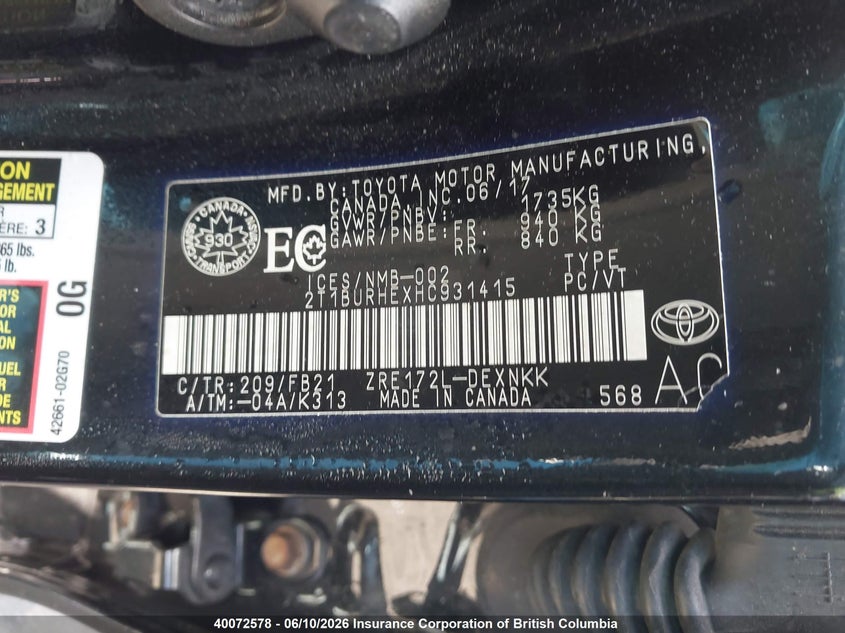 2017 Toyota Corolla L/Le/Xle/Se/Xse VIN: 2T1BURHEXHC931415 Lot: 40072578