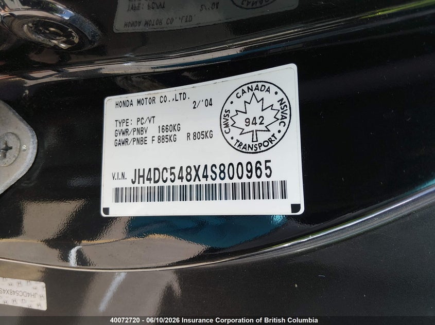 2004 Acura Rsx VIN: JH4DC548X4S800965 Lot: 40072720