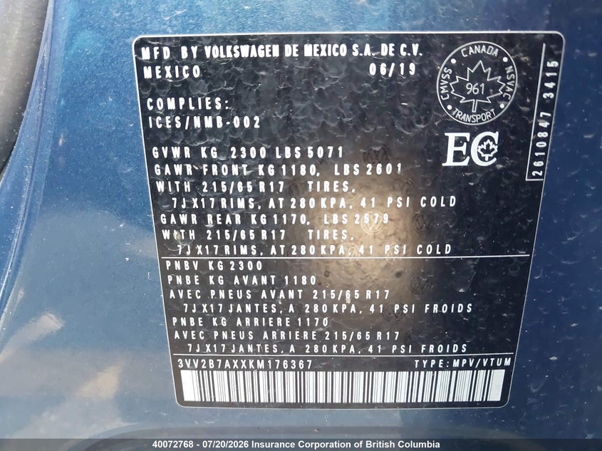 2019 Volkswagen Tiguan Comfortline VIN: 3VV2B7AXXKM176367 Lot: 40072768