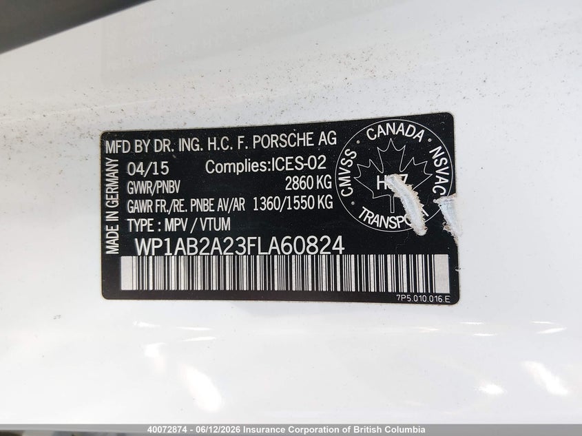 2015 Porsche Cayenne S VIN: WP1AB2A23FLA60824 Lot: 40072874