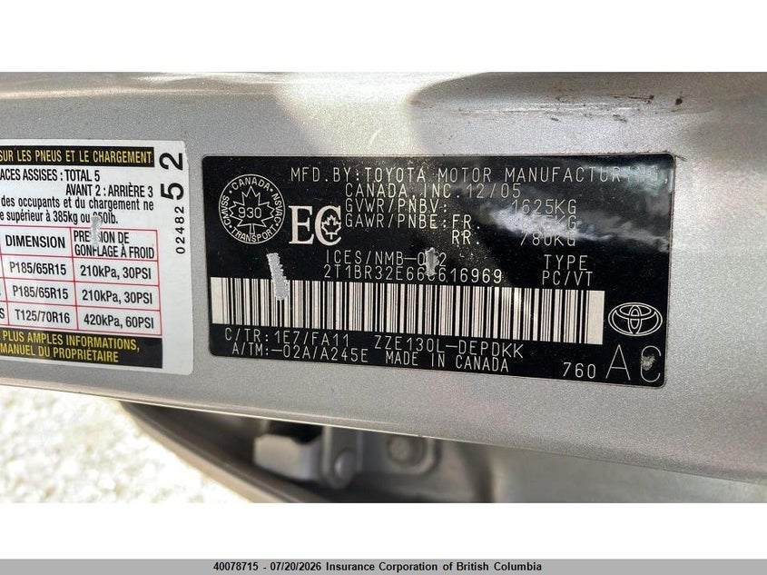 2006 TOYOTA COROLLA SEDAN 1.8L I4 FI DOHC 16V F4
