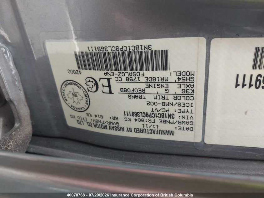 2012 Nissan Versa VIN: 3N1BC1CP9CL369111 Lot: 40078768